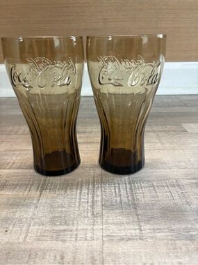 Set of 2 Coca-Cola Amber Smoke Glass Tumblers 6” Coke Coke Cola Drinking Glasses